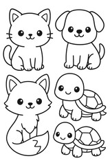 An Adorable Collection of Cartoon Animals Smiling. The image features a cat, a dog, a fox, and two turtles