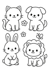 A delightful collection of adorable cartoon animals. A charming illustration featuring a kitten, puppy, bunny, and lion