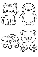 A cute kitten, penguin, turtle, and bear in a row, perfect for educational material and kids