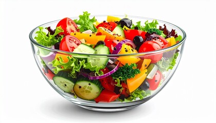 A realistic glass bowl filled with colorful salad, fresh vegetables visible isolated on white background
