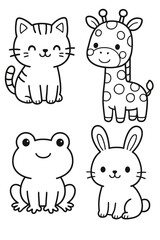 A collection of cute, cartoon animals: a cat, giraffe, frog, and rabbit. These friendly animals create a delightful and whimsical atmosphere.