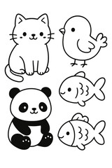 A cute black and white illustration of cat, bird, panda, and fish