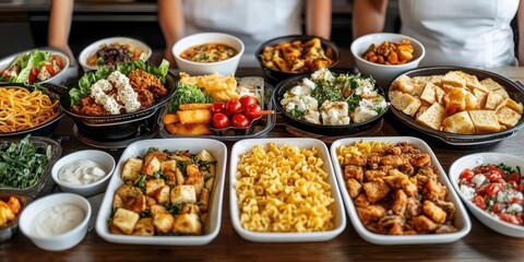 Assorted buffet dishes including fried snacks- pasta- and fresh salads- highlighting a variety of food options in a catering service.