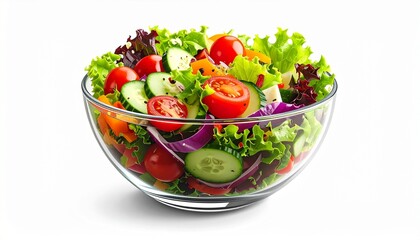 A realistic glass bowl filled with colorful salad, fresh vegetables visible isolated on white background
