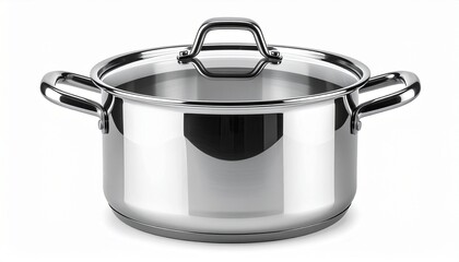 A realistic stainless steel soup pot with transparent glass lid and handles isolated on white background
