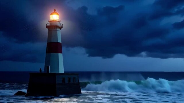 This dramatic video footage captures a towering, striped lighthouse beam cutting through a dark, stormy night sky, with rough ocean waves crashing below.