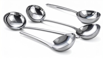 A realistic stainless steel soup ladle set with polished handles and reflective surface isolated on white background
