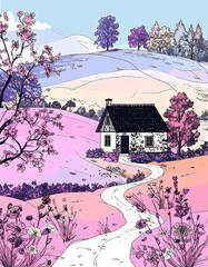 Pastel hills with cottage