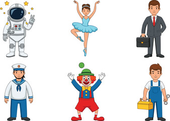 Cartoon professions illustration, astronaut and ballerina, businessman and sailor, clown and mechanic, career diversity, colorful characters, occupational outfits, playful art, job roles