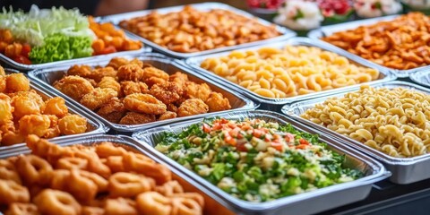 Assorted buffet dishes including fried snacks- pasta- and fresh salads- highlighting a variety of food options in a catering service.