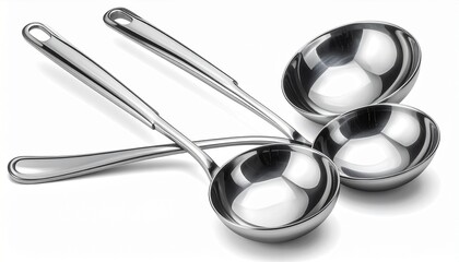 A realistic stainless steel soup ladle set with polished handles and reflective surface isolated on white background
