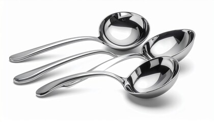 A realistic stainless steel soup ladle set with polished handles and reflective surface isolated on white background
