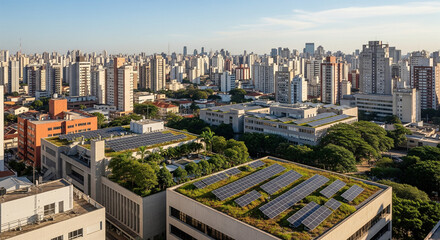 Obraz premium Rooftop solar panels and green roofs on modern city buildings.