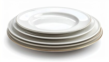 A realistic ceramic dinner plate set stacked neatly with smooth glaze finish isolated on white background
