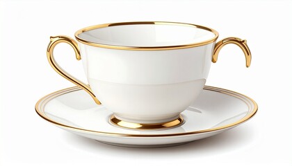 A realistic porcelain teacup with saucer and delicate gold trim isolated on white background
