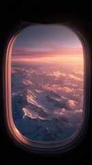 A Stunning Sunset View from an Airplane Window Over Snow-Capped Mountain Peaks and Clouds