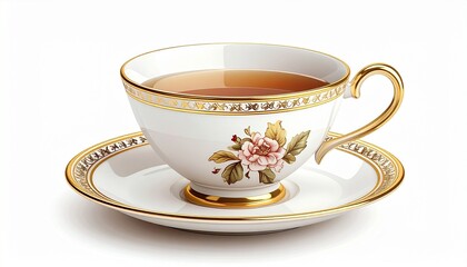 A realistic porcelain teacup with saucer and delicate gold trim isolated on white background
