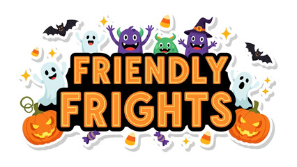 Friendly Frights: Festive elements decorate an autumnal scene, blending whimsy and seasonal cheer, with cartoon characters embodying the spirit of the spooky season. 