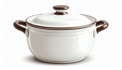 A realistic ceramic soup tureen with lid, handles, and glossy white surface isolated on white background
