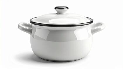 A realistic ceramic soup tureen with lid, handles, and glossy white surface isolated on white background

