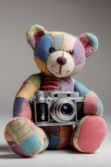 Colorful Patchwork Teddy Bear Holding a Vintage Camera in a Studio Setting