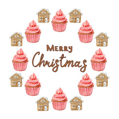 Illustration of a Christmas or New Year frame made of gingerbread, cupcakes and cakes on a white background