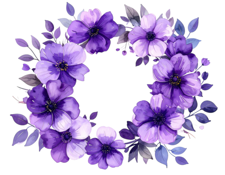 Circular floral wreath of vibrant purple and lavender flowers