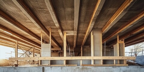Detailed view of construction formwork and supports for the second floor of a concrete structure under development