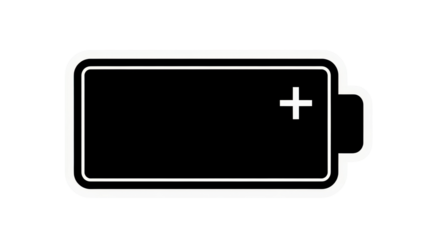 Black and white vector graphic of a battery with a plus sign on one end isolated PNG with Transparent Background