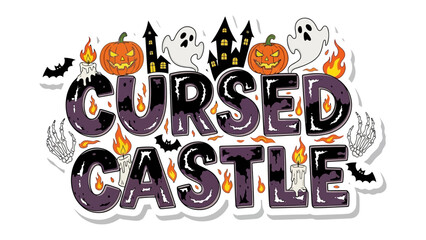 Spooky Cursed Castle Illustration: An eerie illustration features a haunted castle, adorned with pumpkins, ghosts, bats, and ominous candles, evoking a sense of Halloween mystery and fright.