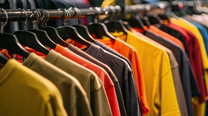 Fototapeta premium Colorful Fashion Retail: Hanging Shirts, Dresses & Apparel—From Boutique Racks to Home Closets