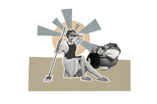 Composite trend image photo collage of silhouette young lady pinup hairdo housewife exhausted face caricature laundry mop washing clothes - Powered by Adobe
