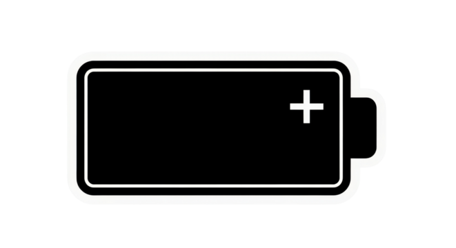 Black and white vector graphic of a battery with a plus sign on one end isolated PNG with Transparent Background - Powered by Adobe