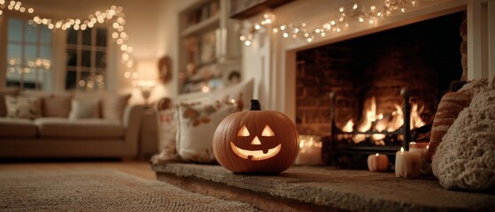 Obraz premium Cozy pumpkin nights: when fairy lights dance by the hearth. High resolution. A cheerful pumpkin illuminated by gentle fairy lights on a fireplace. Print ready. Clear focus.