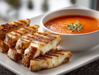 Grilled Cheese Sandwich Sliced Lengthwise Served with Tomato Soup in a Modern Presentation