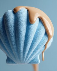 Close-Up View of a Pastel Blue Shell with Dripping Caramel on a Soft Blue Background