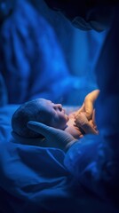 Newborn Baby Covered in Vernix Caseosa in Gentle Light During Birth Process in Medical Setting