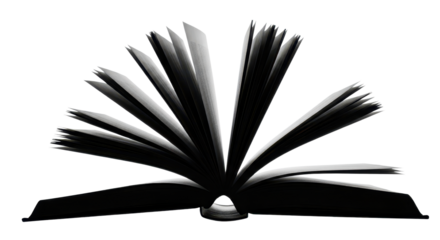 Open book with pages fanned out in monochrome isolated PNG with Transparent Background