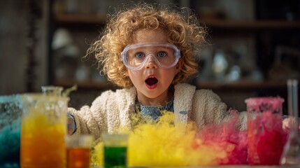 A young child with curly hair and goggles expresses awe while surrounded by vibrant colored powders and beakers, showcasing a whimsical science experiment.