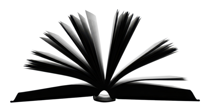 Open book with pages fanned out in monochrome isolated PNG with Transparent Background