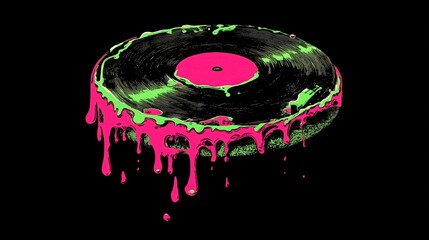 Retro Vinyl Record with Colorful Dripping Design on Black Background