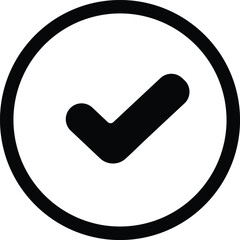 Black check mark symbol inside a black circle on white background