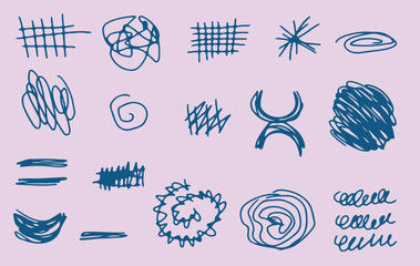 A grunge set of squiggles and scribbles. Drawn with a blue brush. Hand-drawn style vector shapes, with scratchy lines, rough brush strokes, and grunge effects. Vector illustration