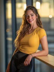Young American Woman with Pleasant Expression Posing in Modern Interior Setting During Golden Hour