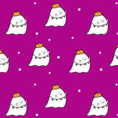 Happy halloween seamless pattern.Playful monster repeat pattern isolated on purple background.Cute funny little ghost vector wallpaper.Adorable fluffy boo spooky flying ghost sheet.