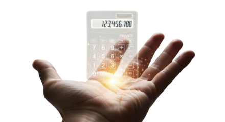 Calculator showing 123456789 above a human hand isolated PNG with Transparent Background