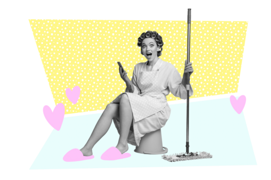 Photo cartoon comics sketch collage picture of excited lady doing home chores chatting dating app isolated graphical background