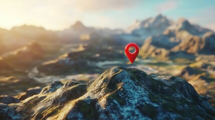 A red location pin icon floating above a detailed mountain landscape in warm sunlight- symbolizing navigation and location.