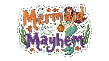 Fototapeta premium Mermaid Mayhem: A vibrant illustration featuring a mermaid surrounded by Halloween-themed elements.