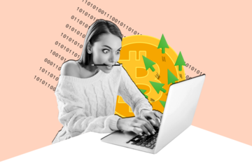 Composite photo collage of crazy businesswoman bite pencil type macbook miner bitcoin penny cryptocurrency isolated on painted background